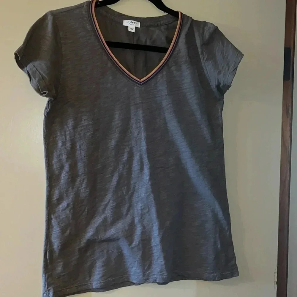 Dylan Cotton V Neck Shirt with Rainbow Trimming at Neck. Size S